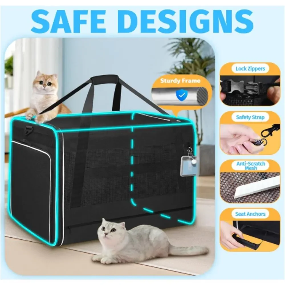Petskd Store Side Expandable Extra Large Cat Carrier with Litter Box, Black